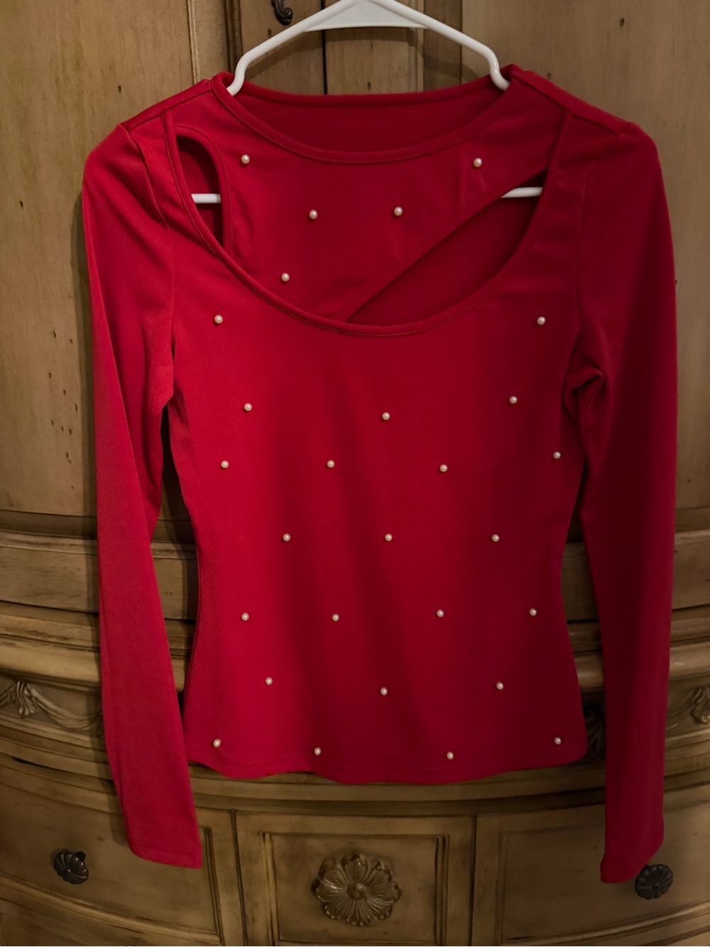 SHEIN Red Long Sleeve Pearl-Embellished Top